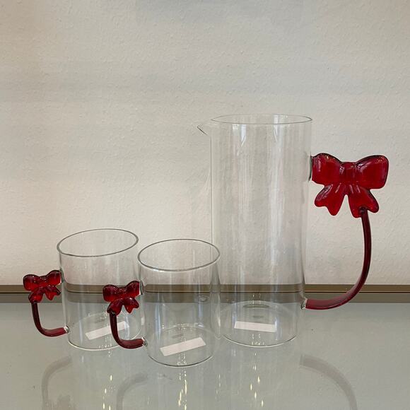 3pc Clear Glass Mugs & Pitcher with Coquette Red Bow Handle Holiday Glam NEW - Picture 13 of 16